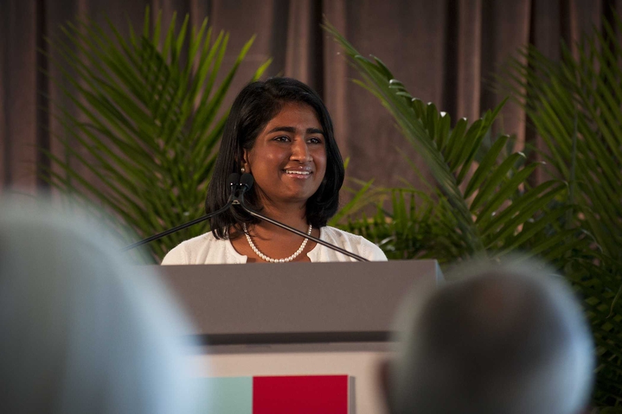 Tara Thomas MBA ’11, at the dedication of MIT Sloan’s new building.