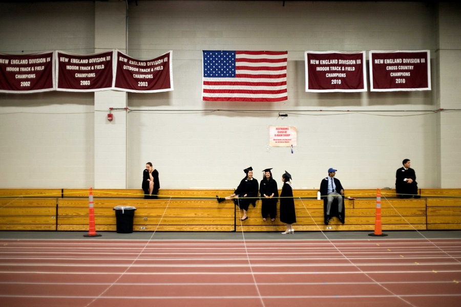 A few students await their classmates in Rockwell Cage.
