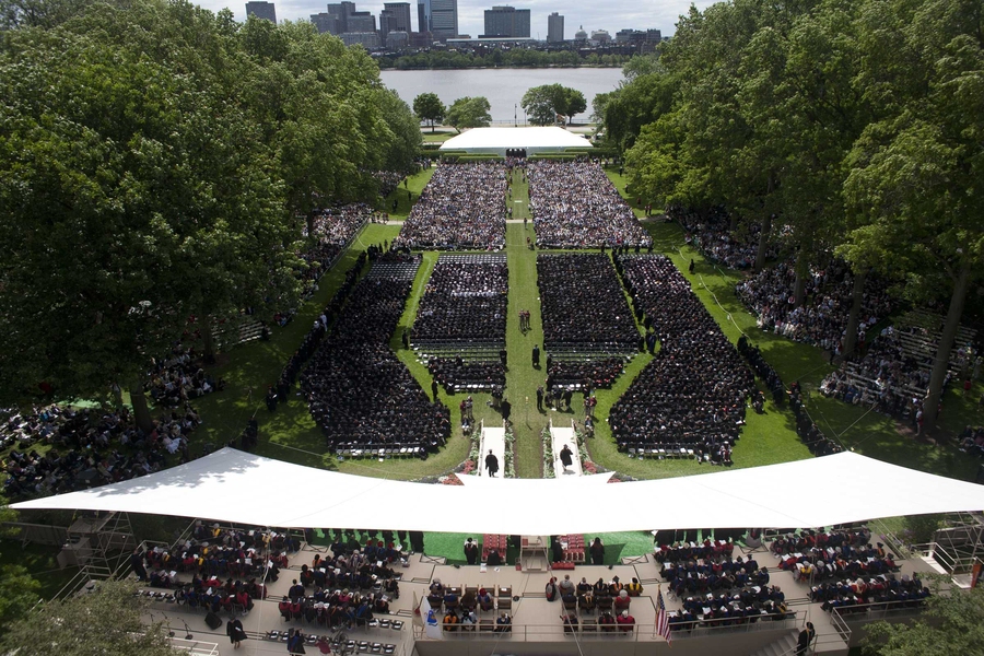 Graduates and their friends and families packed MIT's Killian Court during the sunny and warm day.