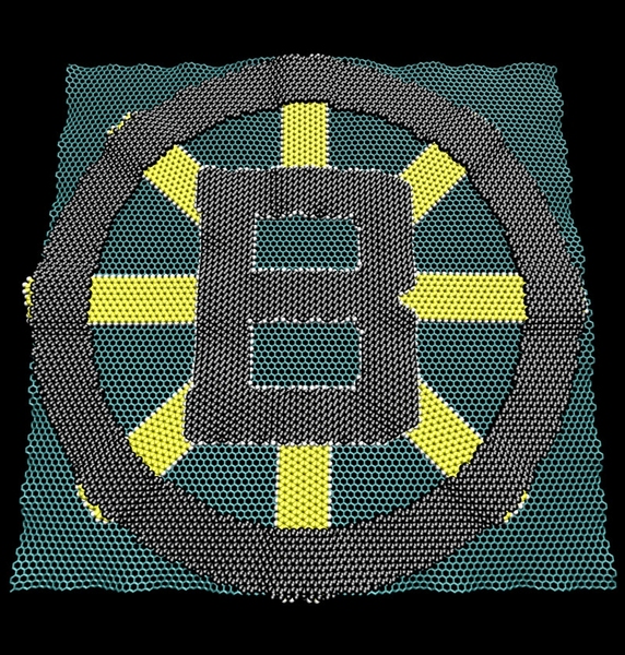 This image shows more clearly the atomistic structure and waviness of the 3-D graphene logo created using atomistic modeling.