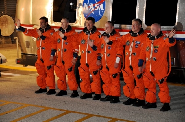 Crew members of STS-134 — the penultimate space shuttle mission — included MIT alumni Gregory Chamitoff PhD '92 (far left) and Michael Fincke '89 (third from right).