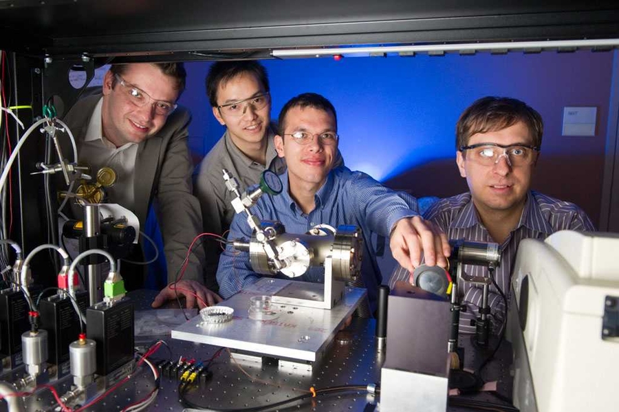 From left, research engineer Ivan Celanovic ScD '06, graduate students YiXiang Yeng and Walker Chan, and Professor of Physics Marin Soljačić.