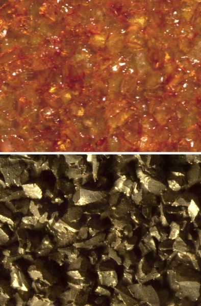 The crystals on the surface of an emery board (top) have light-reflective properties that make their structure difficult to determine. GelSight effectively coats the crystals with a layer of metallic paint, clarifying their structure (bottom).