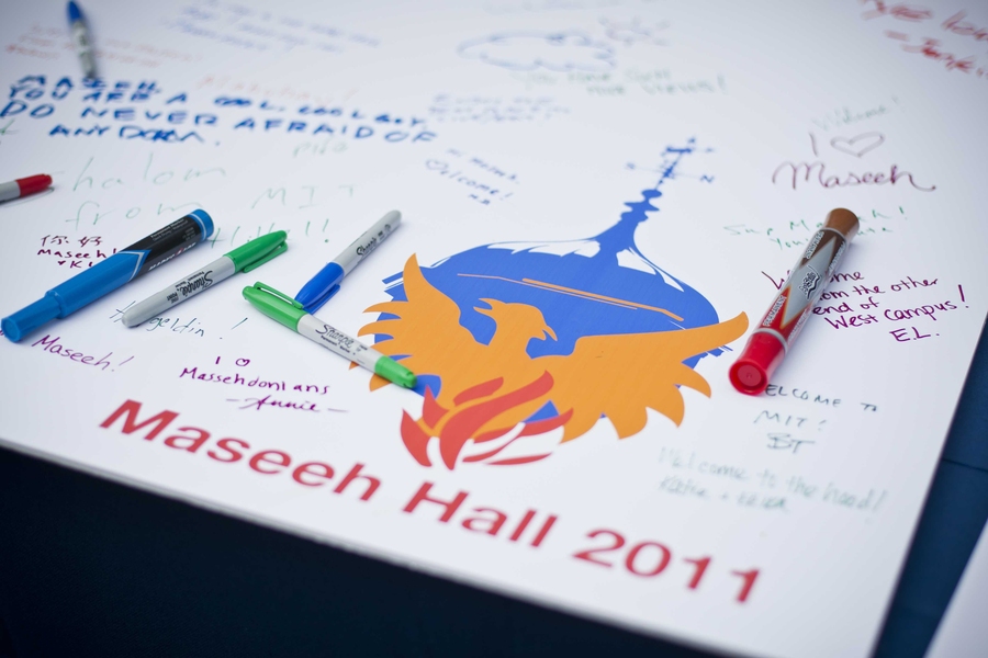 At an all-community event on Wednesday, thousands of students, faculty and staff showed up to welcome Maseeh Hall to the MIT community. Many left notes on large cards adorned with the symbol of the Phoenix Group, the student community at Maseeh.