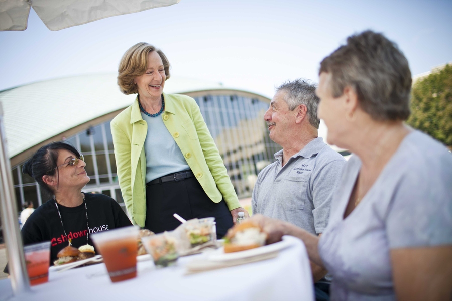 MIT President Hockfield talked with some of the MIT staff who came out to the community picnic. 