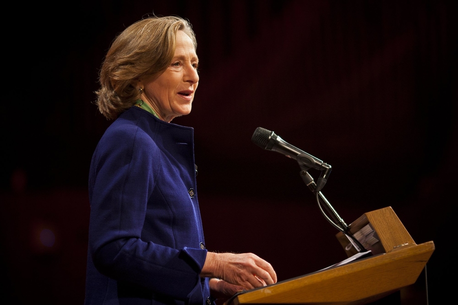 MIT President Susan Hockfield addresses the community during the annual State of the Institute event.