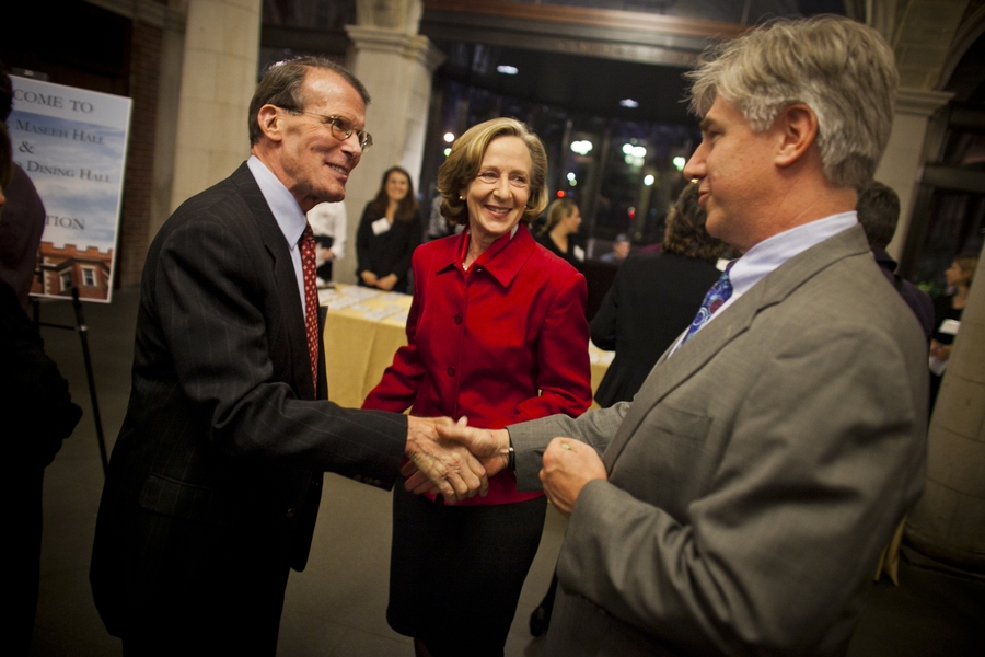 MIT President Susan Hockfield talks with guests at the official dedication ceremony for Maseeh Hall.
