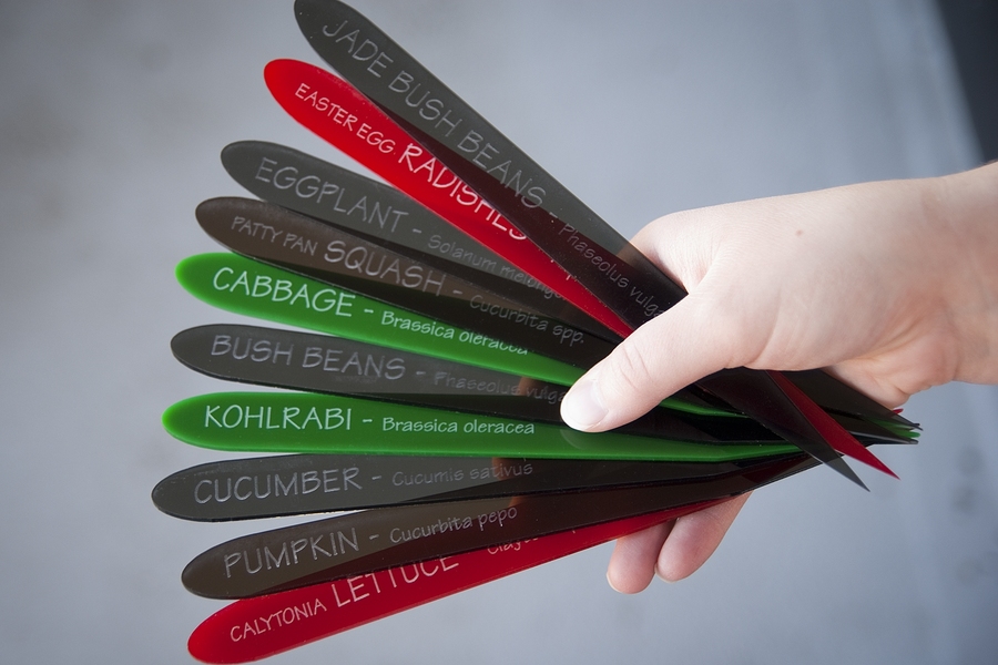 Hale crafted laser-etched identifiers to keep track of the wide variety of plants.