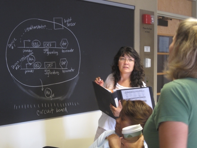 Natalie Kuldell hosted a summer BioBuilding workshop for teachers last summer at MIT with funding from the NSF (SynBERC), MIT's Dept of Biological Engineering and the BioBricks Foundation. Jo-Ann Purdy from Newton North High School (at the blackboard), Lynne Williams from Coronado High School, Colorado Springs, Colo. (seated) and Rebekah Ravgiala from Tyngsborough High School (back to the camera) ...