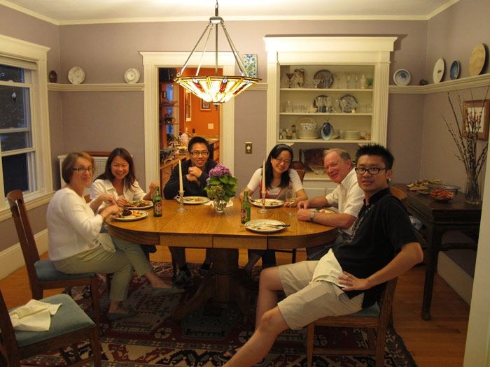 Stone, second from right, welcomed the SUTD faculty into his home after a productive day in the Hobby Shop.