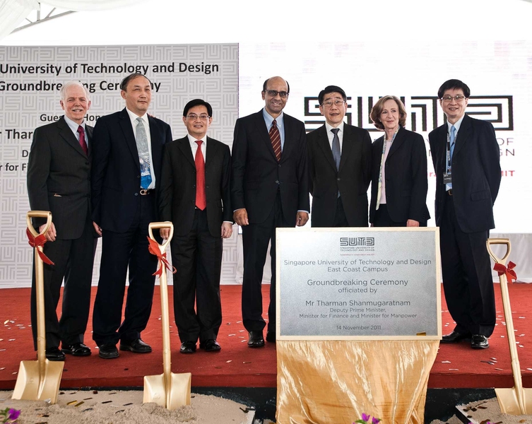 An MIT delegation, led by President Susan Hockfield, visited three Asian countries in five days to meet with friends and collaborators of the Institute. Here the group participates in the groundbreaking ceremony for the new Singapore University of Technology and Design (SUTD).