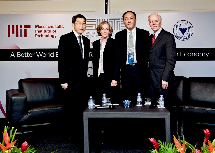 Following the SUTD groundbreaking, the University Presidents' Panel, 'A Better World by Design: Technology and the Innovation Economy,' featured Hockfield, Yang and Magnanti. SUTD Chairman Philip Ng Chee Tat, far left, introduced the talk.