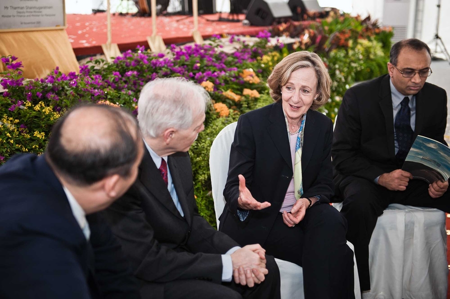 Hockfield fields questions from the press following the SUTD groundbreaking ceremony, along with, from left, Yang; Magnanti; and MIT Mechanical Engineering Professor Sanjay Sarma, the MIT faculty director of the MIT-SUTD collaboration.