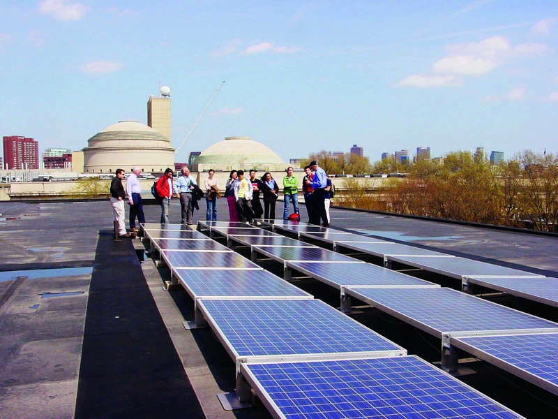 These solar panels on the roof of the Student Center were among the MIT installations examined by students in Fundamentals of Photovoltaics. By analyzing years of energy output data, the student team detected unexpected losses of efficiency, thereby identifying steps that MIT can take to improve PV performance.