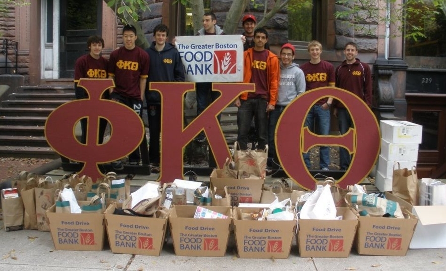 Phi Kappa Theta fraternity (PKT) hosts a local food drive each year. Together, the brothers raised more than 700 pounds of food for the Greater Boston Food Bank. Brothers canvassed the Back Bay neighborhoods to collect donations.