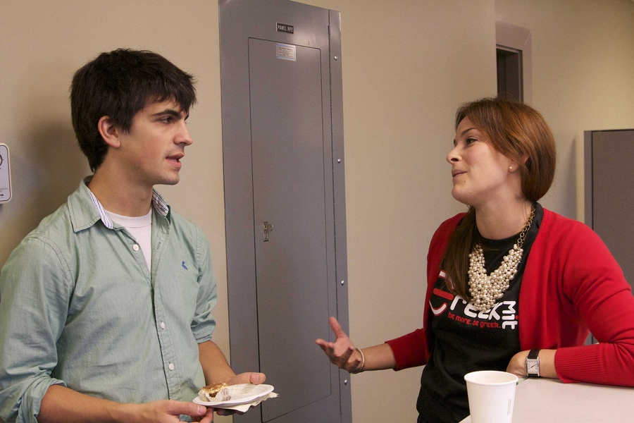 Graduate student Ian Matts, a member of Kappa Sigma, chats with Love about the FSILGs Office move from W20.
