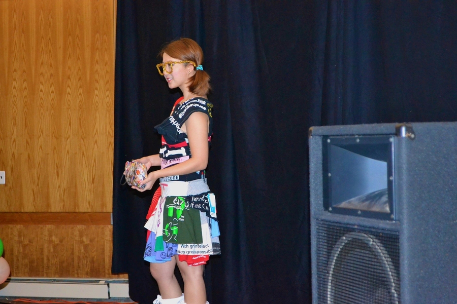 35 used T-shirts created for various MIT groups and events made up the second-place outfit modeled and designed by junior Christina Qi. 