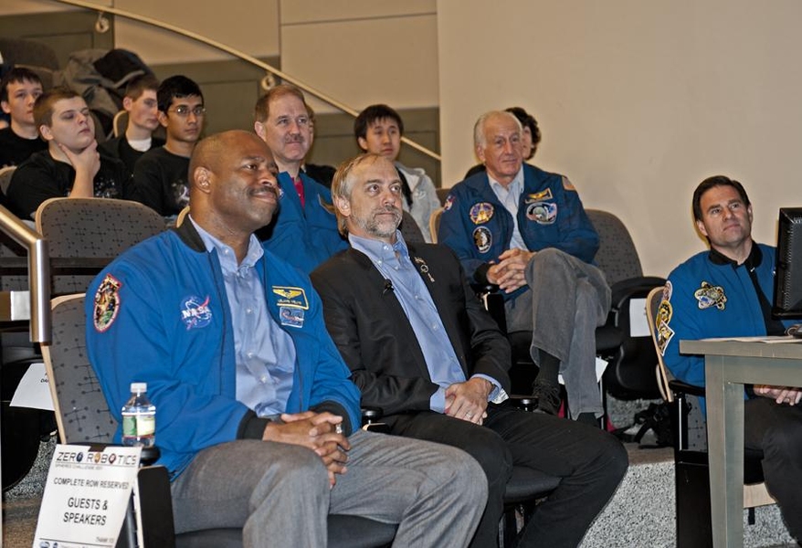 Video game developer and commercial spaceflight supporter Richard Garriott sits with astronauts (from left) Leland Melvin, John Grunsfeld, Jeff Hoffman and Greg Chamitoff.