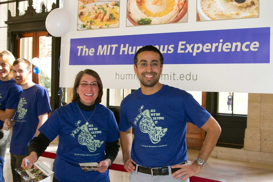 Rabbi Michelle Fisher SM ’97 (Jewish chaplain and executive director of MIT Hillel) and Eliad Shmuel (program director for MIT Hillel) help organize the annual Hummus Taste Off, which brings together many of the Israeli-related groups on campus.