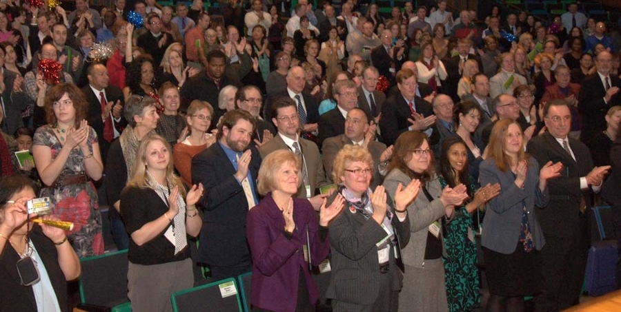 More than 600 attendees rose to their feet to honor President Hockfield at the 2012 MIT Excellence Awards.
