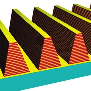Tapered ridges, made from alternating layers of metal and insulating material deposited on a surface, can produce a metamaterial that is tuned to a range of specific frequencies of light. Light of different wavelengths is absorbed by the material at different levels, where the light's wavelength matches the width of the ridges.