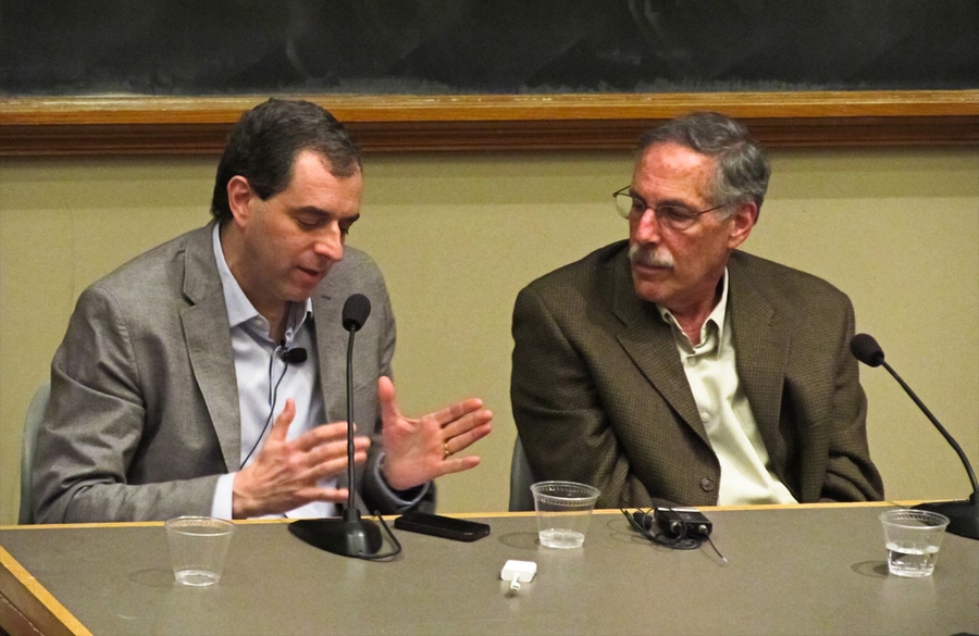 David Autor, professor of economics and associate head of MIT’s Department of Economics, left, with Institute Professor Peter Diamond at Tuesday's forum.
