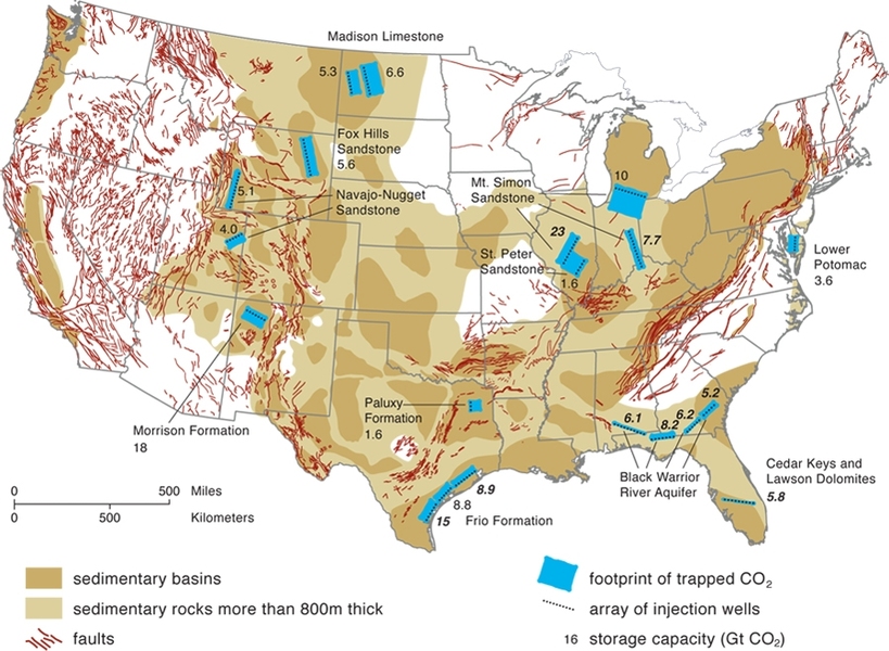 The MIT researchers analyzed several specific deep saline aquifers in the United States and determined their total potential storage capacity by analyzing how the liquified gas would spread from a specific set of deep injection wells.