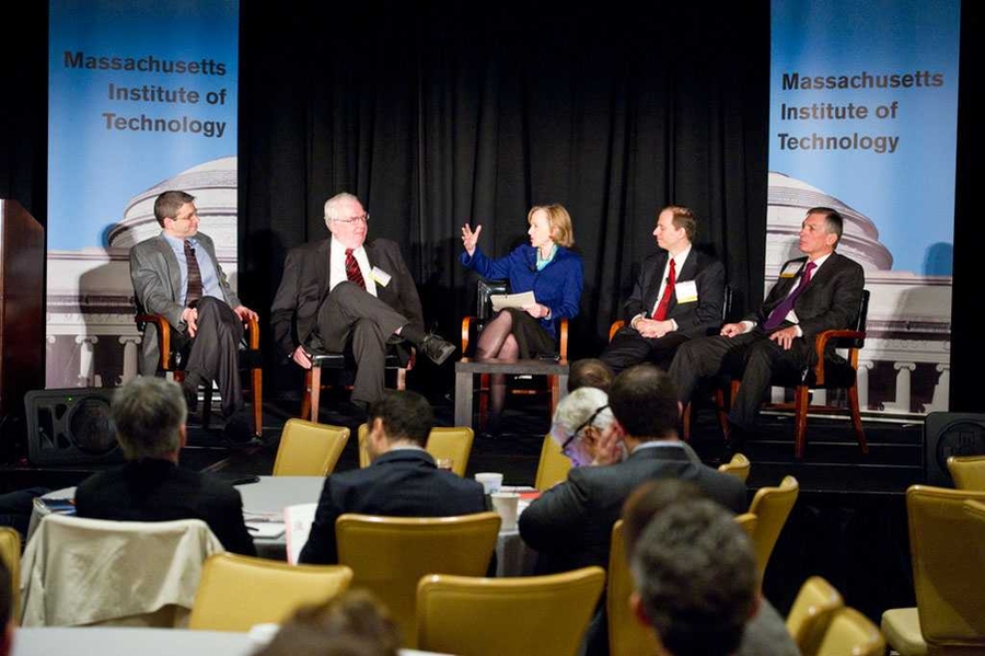 Saturday's opening panel at the Energy Conference featured MIT researchers, from left to right, Jeffrey Grossman, Charles Forsberg, President Susan Hockfield, David Perrault and Donald Sadoway.