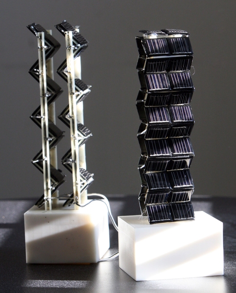 Two small-scale versions of three-dimensional photovoltaic arrays were among those tested by Jeffrey Grossman and his team on an MIT rooftop to measure their actual electrical output throughout the day.