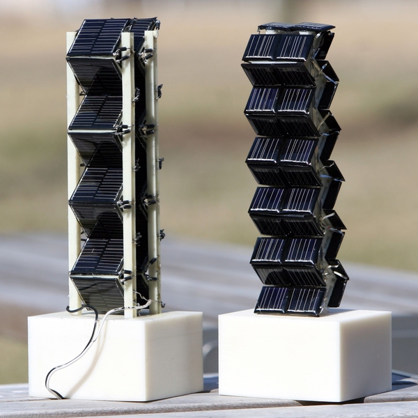 Two small-scale versions of three-dimensional photovoltaic arrays were among those tested by Jeffrey Grossman and his team on an MIT rooftop to measure their actual electrical output throughout the day.