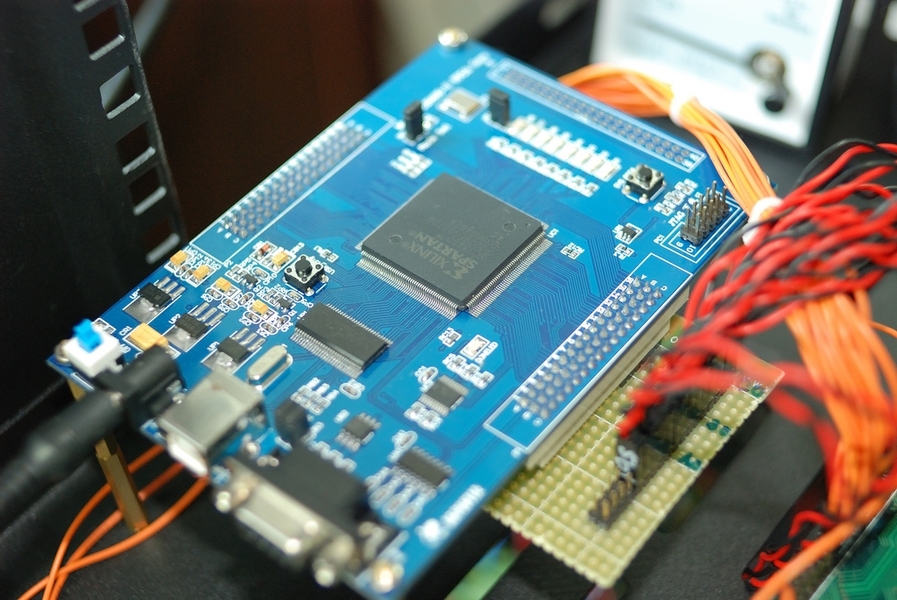 A photo of an Xilinx field-programmable gate array, or FPGA.