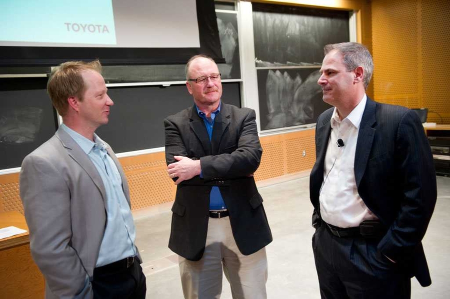 John Reilly, Joint Program on the Science and Policy of Global Change co-director; Christopher Knittel, the William Barton Rogers Professor of Energy Economics; and Stricker discuss fuel standards. 