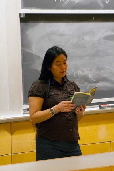 Society alumna Jennifer Chung '02 returns to campus to read to dozens of fans from her novel <i>Terroraki</i>, which she penned in under 72 hours to win the 2011 International 3-Day Novel Contest.