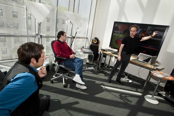 Robert Lepage at the Media Lab with Tod Machover.