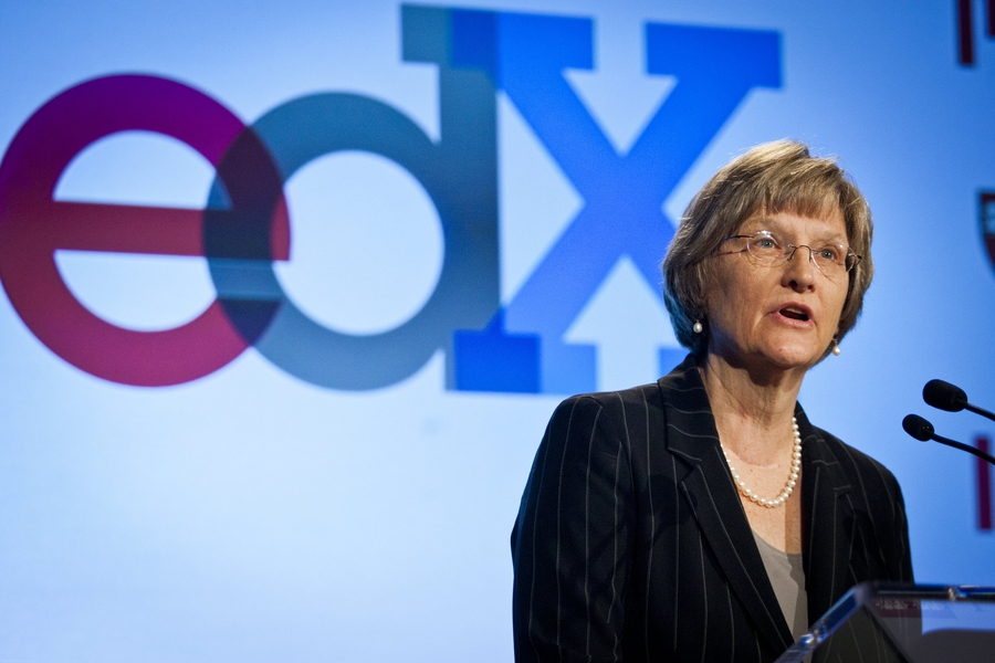 Harvard President Drew Faust speaks at the press conference.