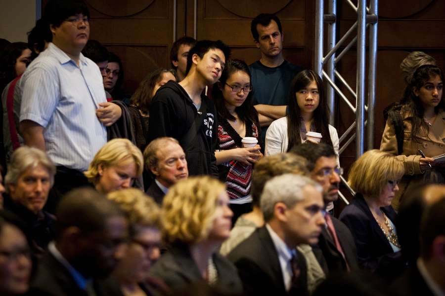 The press conference packed a ballroom at the Hyatt Regency in Cambridge, Mass. Students, faculty and officials from both universities were in attendance.