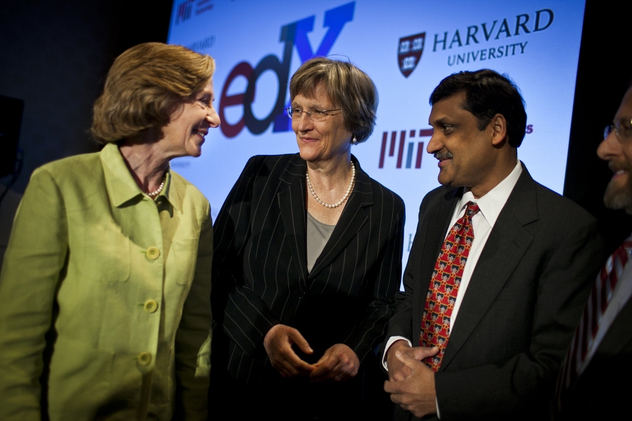 (From left) MIT President Susan Hockfield, Harvard President Drew Faust and edX President Anant Agarwal enjoy a lighter moment after the edX press conference.