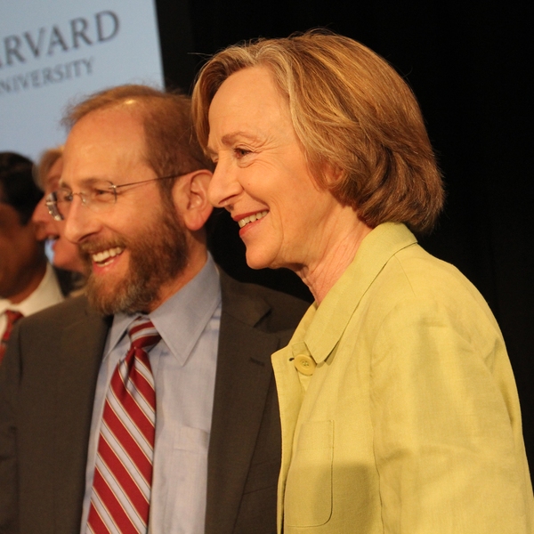 Harvard Provost Alan Garber (left) and MIT President Susan Hockfield talk after the event.