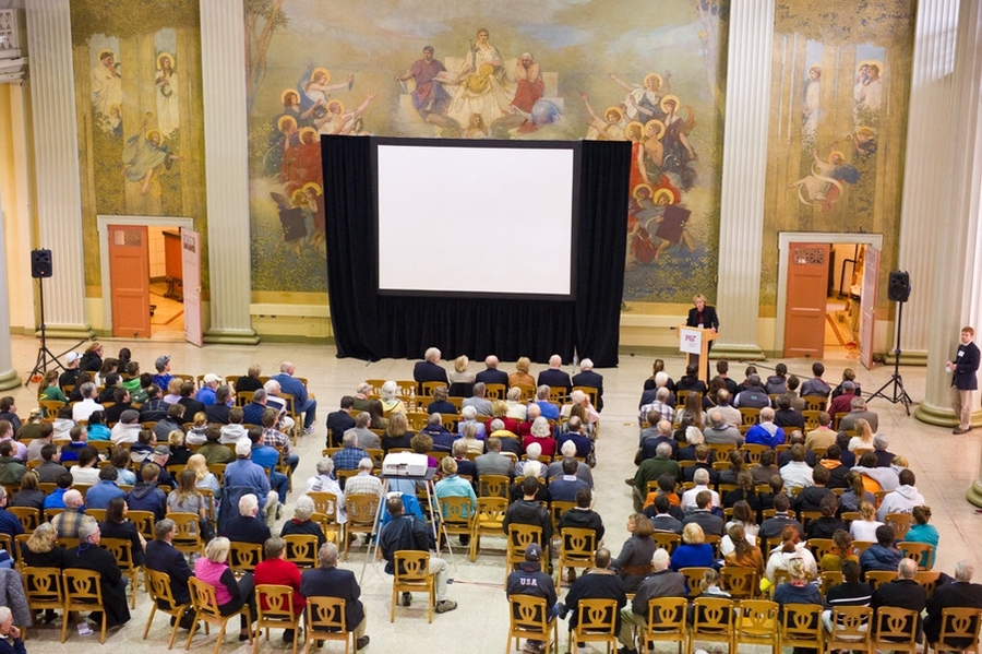 Julie Soriero, DAPER head, with opening remarks in Morss Hall, Walker Memorial.