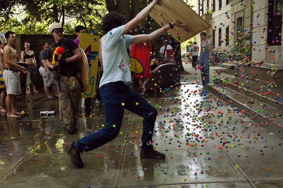 During its East Side Water War with East Campus, Senior House launched a surprise attack with bouncy balls. Current students work hard — and play hard — to make CPW a success.