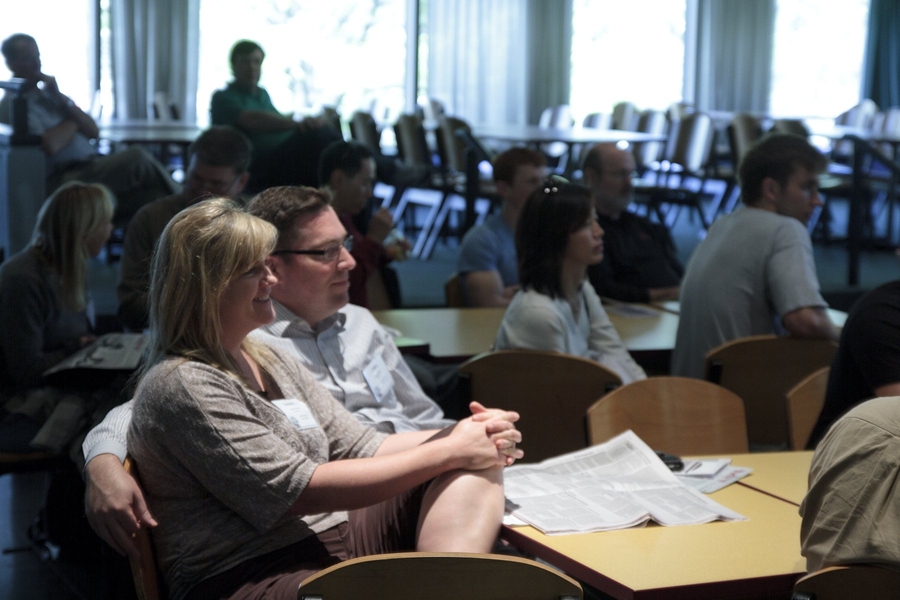 Chris and Sherry Diener, parents of an admitted student, listen to a panel of student-athletes and coaches talk about balancing sports and academics at a question-and-answer session for parents in the Stratton Student Center. 