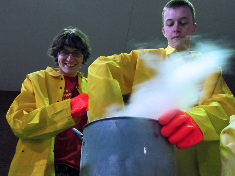 It doesn't take long to make ice cream using ultra-cold liquid nitrogen (or, LN2), but it does make Sebastian Denault '13 and Mark Spatz '14 look like mad scientists while they're mixing up a batch outside the Zesiger Center.