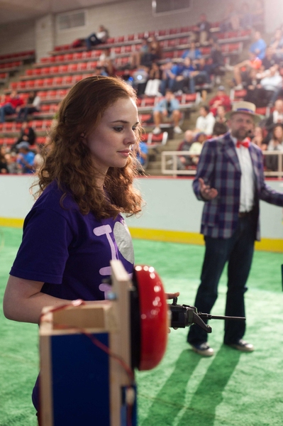 Senior Sarah Southerland concentrates on controlling her robot as it attempts the 'strength test.'