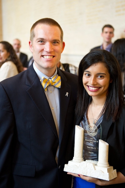 Junior Denzil Sikka, right, recipient of the 2012 Frederick Gardiner Fassett, Jr. Award, with Adam McCready, assistant director of Fraternities, Sororities, and Independent Living Groups (FSILGs).