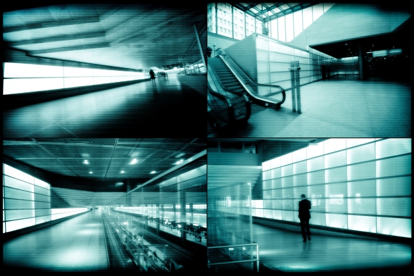 Four-way split screen with views from security cameras