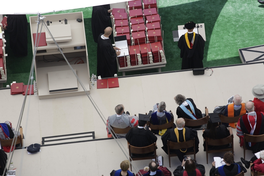 A birds-eye view of the main stage, where MIT administrators and faculty members sat.