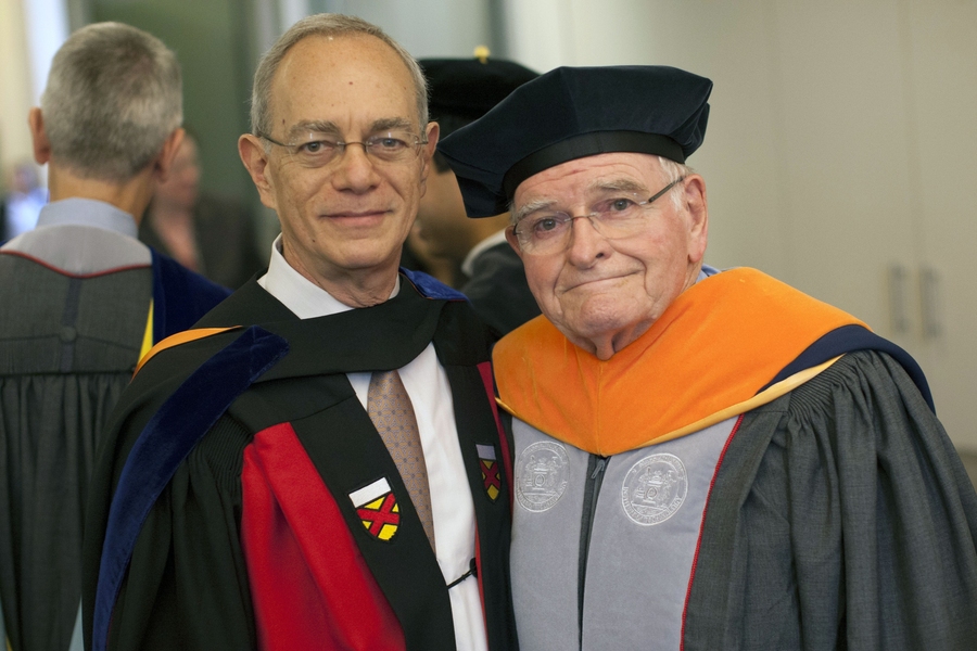 Provost and President-elect L. Rafael Reif, left, poses for a photo with MIT's 14th president, Paul Gray.