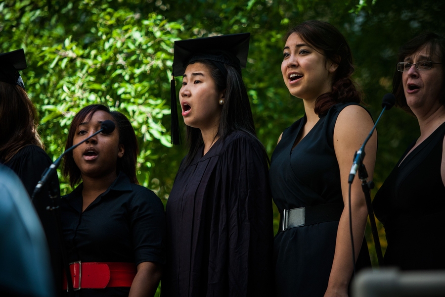 Members of the Chorallaries, MIT's oldest coed a cappella group, sing at Commencement.