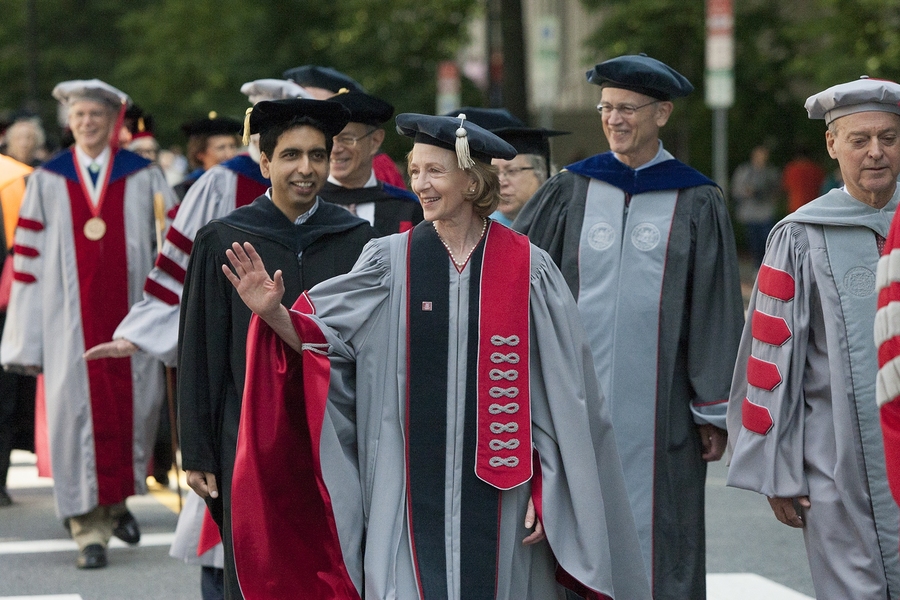 President Susan Hockfield leads MIT administrators, faculty members, Corporation members and the Commencement speaker, Sal Khan, down Massachusetts Avenue on their way into Killian Court.