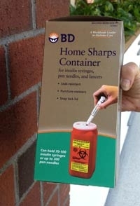 The MIT Pharmacy carries one type of sharps container, which holds about 100 lancets. 